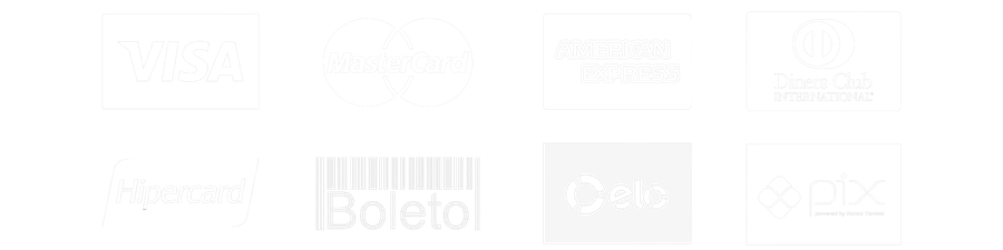 Visa, Mastercard, American Express, Diners Club, Hipercard, boleto, Elo e Pix